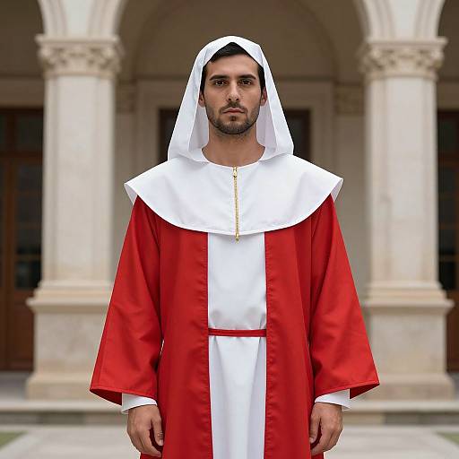 Photograph of a bearded man with medium skin tone, wearing a white veil and red and white clerical robe, standing in front of arched