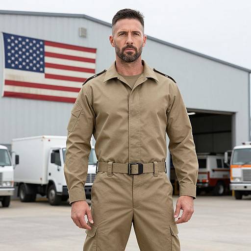 Photograph of a muscular, bearded man with short dark hair, wearing a tan military-style jumpsuit, standing in front of an American flag,
