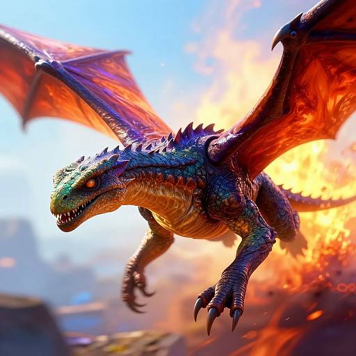 Digital artwork of a vividly colored, fiery red and blue dragon with spiked back, sharp claws, and outstretched wings, soaring through a blazing