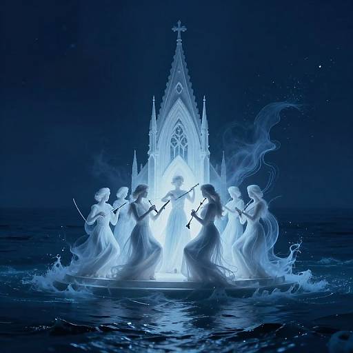 Digital artwork of ethereal white angelic figures surrounding a glowing, illuminated Gothic cathedral rising from a dark, oceanic night.