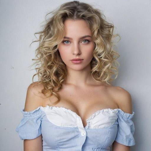 Blonde Woman with Curly Hair in Off-Shoulder Top