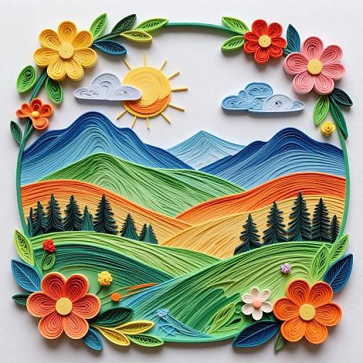 Vibrant, layered mountain landscape with colorful flowers, sun, and clouds; detailed, stylized, digital illustration with bold, swirling lines and bright