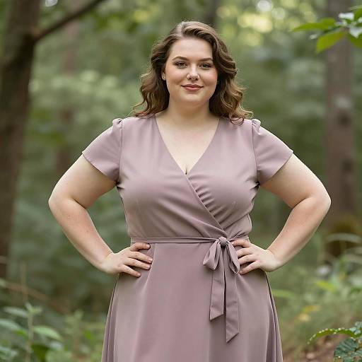 Plus-size woman in mauve dress outdoors