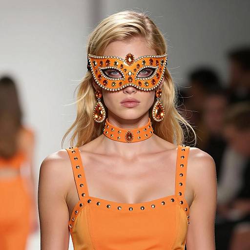 Blonde Model in Gem-Encrusted Orange Mask and Dress