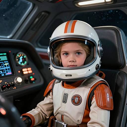 Photograph of a young child with blonde hair, wearing a white astronaut helmet with orange stripes, and a beige spacesuit, seated in a spaceship cockpit