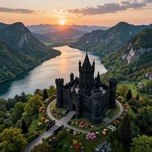 Photograph of a gothic-style castle surrounded by vibrant flower gardens, located by a serene lake, with a sunset illuminating the mountainous landscape.