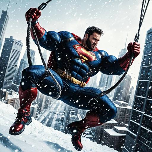 Superhero Swinging in Snowy Cityscape