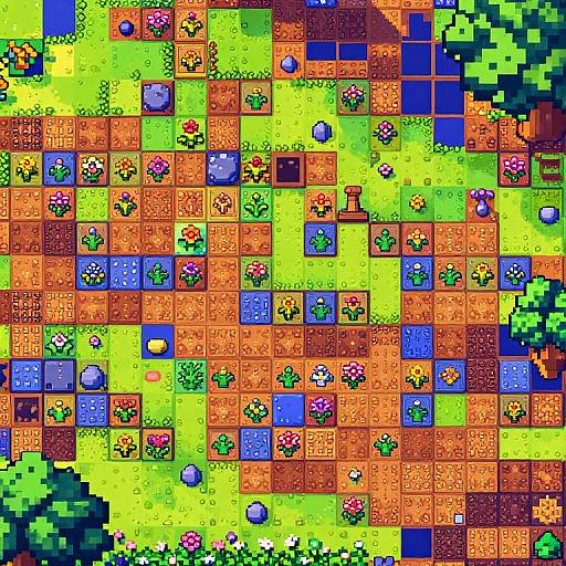 Bright, colorful pixel art game board filled with vibrant squares, flowers, and blue orbs, featuring a patterned, grid-like design.