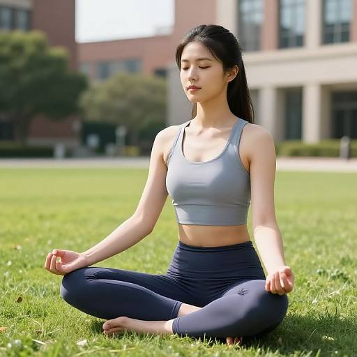 Photograph of an Asian woman with long black hair, wearing a gray sports bra and black leggings, meditating cross-legged on a sunny green lawn with