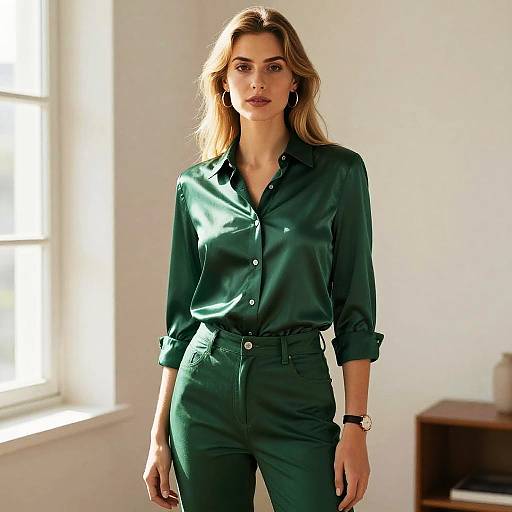 Photograph of a blonde woman in a dark green satin blouse and high-waisted pants, standing in a sunlit room.