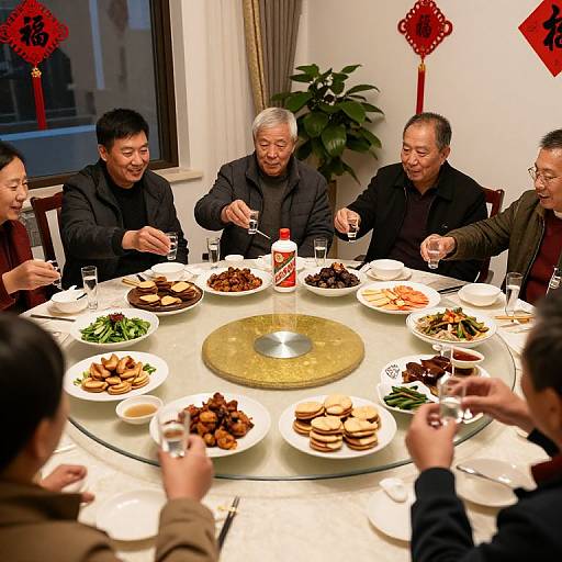 Photograph of six Asian men dining together around a round table with various Chinese dishes, laughing and toasting with glasses. Red Chinese decorations in the background