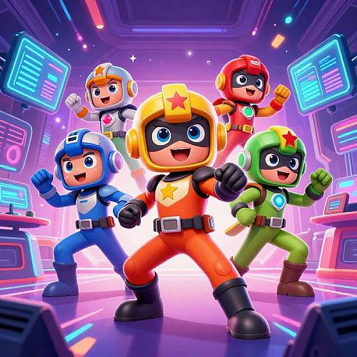 Vibrant digital artwork of five colorful, cartoonish, superhero-like characters in a futuristic, neon-lit control room, posing heroically.