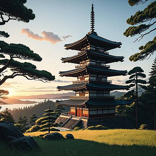 Towering Japanese Pagoda at Sunset