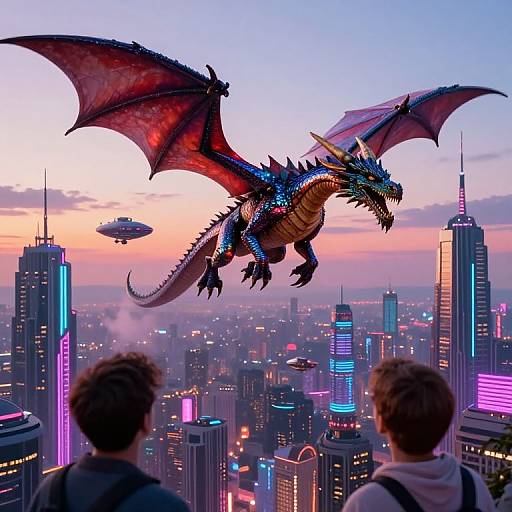 Photorealistic digital art: Dragon with red wings and blue scales flies over a neon-lit, futuristic cityscape at sunset, viewed from two sil