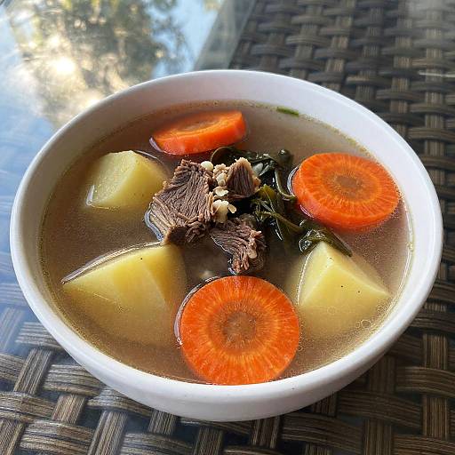 Photograph of a bowl of soup with sliced carrots, potato chunks, and small pieces of meat, on a woven table.