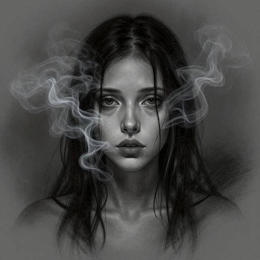 Digital artwork of a melancholic, grayscale young woman with long, wet black hair, intense eyes, and wisps of white smoke emanating from her