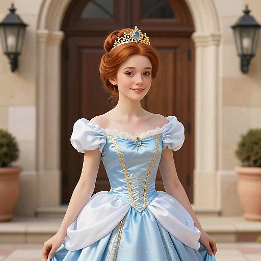 Digital illustration of a fair-skinned, red-haired princess with a golden crown, wearing a light blue, puffed-sleeve ball gown with gold