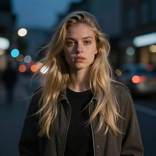 Photograph of a blonde, fair-skinned young woman with wavy hair, wearing a black jacket, standing on a dimly lit city street at