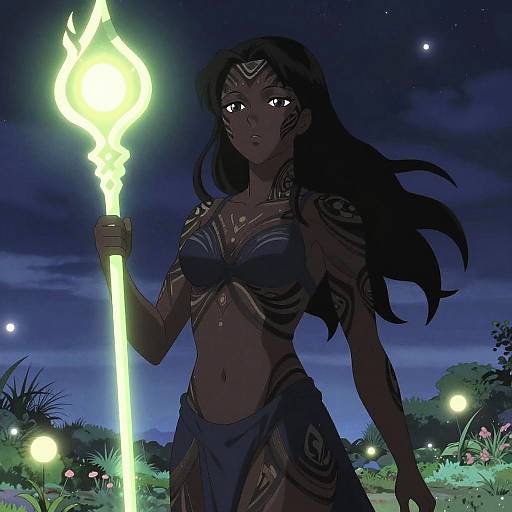 Digital anime-style drawing of a dark-skinned, tattooed woman with long black hair, holding a glowing staff, in a moonlit forest.