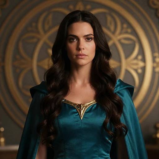 Fantasy Woman in Teal Cloak with Gold Details