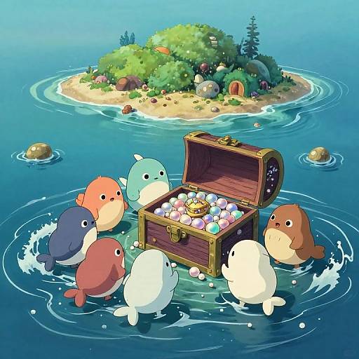 Digital drawing of six cute, colorful bird-like creatures surrounding an open treasure chest filled with eggs, floating in clear blue water near a small, lush island