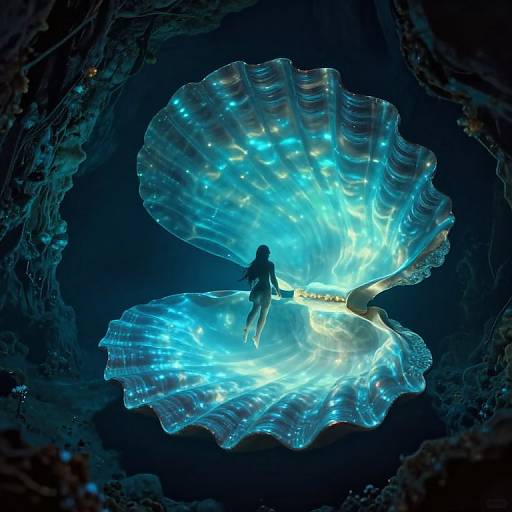 Digital art: Silhouetted figure stands on glowing, translucent, blue seashell with illuminated edges, inside dark, rocky cave. Fantasy underwater