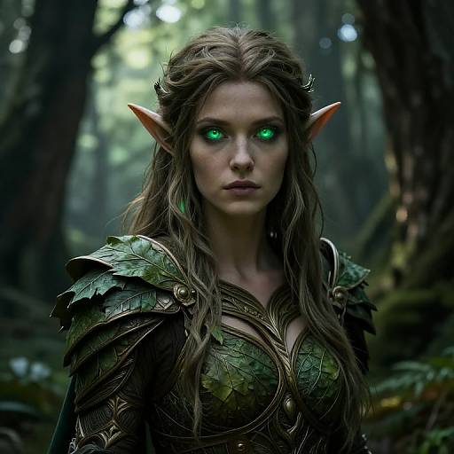 Digital artwork of a green-eyed, elven woman with long brown hair and pointed ears, wearing intricate green and gold armor, standing in a dense,