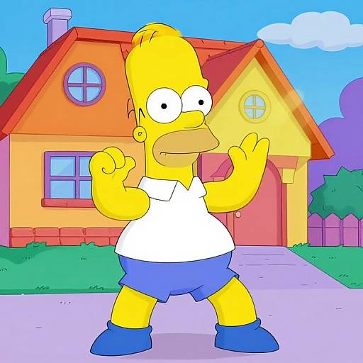 Cartoon image of yellow-skinned, wide-eyed Homer Simpson in white shirt, blue shorts, and blue shoes, standing confidently in front of a red