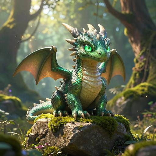 CGI image of a cute, green-scaled, glowing-eyed dragon with small wings, sitting on a moss-covered rock in a sunlit forest.