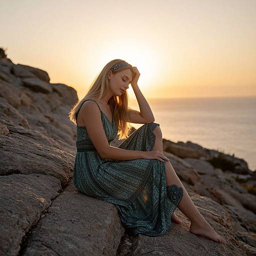 Photograph of a blonde woman in a blue, patterned dress, sitting on rocky shoreline, hand on head, sun setting behind her.