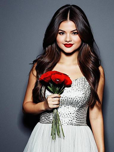 Young Woman in Silver Dress Holding Red Flowers