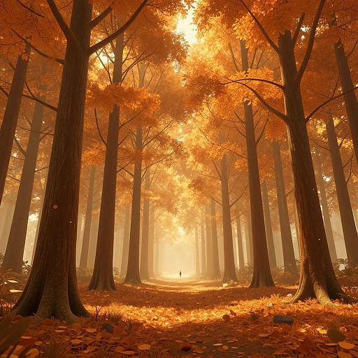 Photograph of a sunlit autumn forest with tall trees, vibrant orange leaves, a glowing sunbeam path, and a single distant figure.