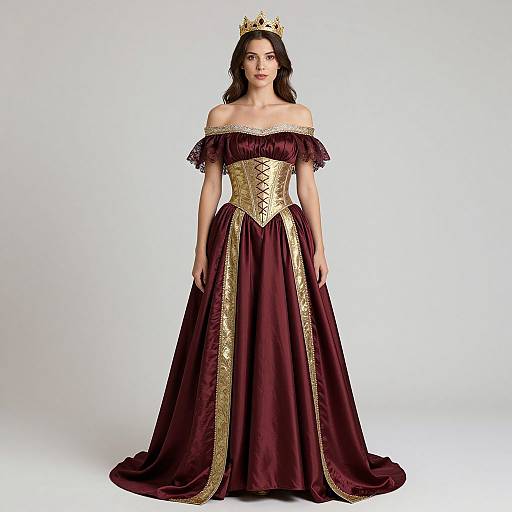 Photograph of a fair-skinned woman with dark hair, wearing an off-the-shoulder, deep burgundy velvet gown with gold trim and cor
