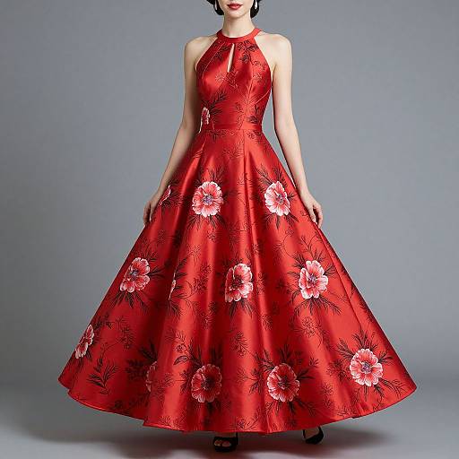 Photograph of a pale-skinned woman in a sleeveless, red floral ball gown with a high neckline and full skirt, standing against a gray background