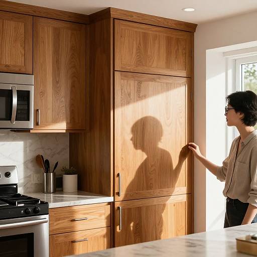 Photograph of a woman in glasses, beige shirt, touching wooden kitchen cabinet, sunlight casting her shadow, modern kitchen with stainless steel stove and marble countertops