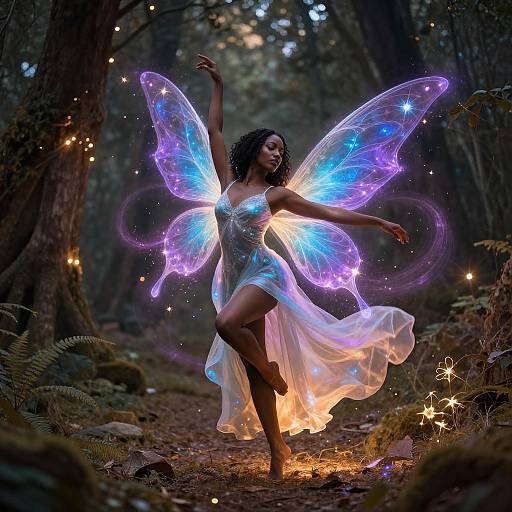Photograph of a dark-skinned woman with glowing purple and blue fairy wings, wearing a translucent white dress, dancing in a magical forest illuminated by twink