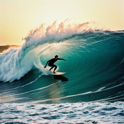 Surfer Riding Waves at Sunrise