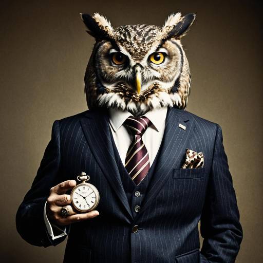 Anthropomorphic Owl in Suit Holding Pocket Watch