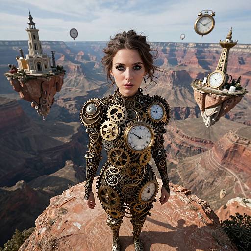 Steampunk woman with clock gears and timepieces stands on Grand Canyon cliff, floating clock towers, and hot air balloons in background.