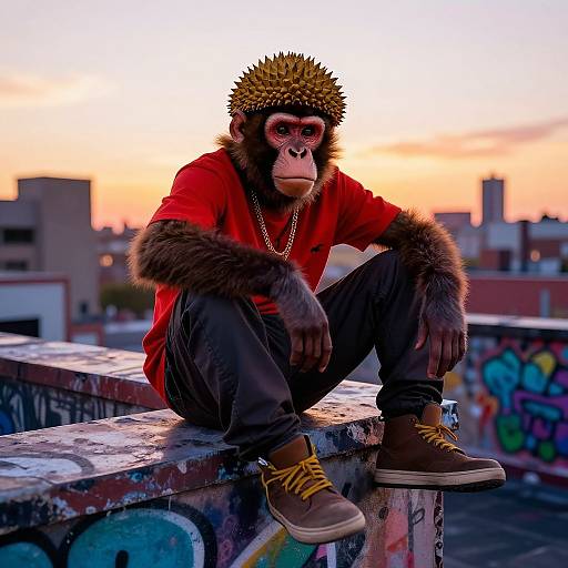 Photograph of a anthropomorphic monkey wearing a spiked gold headdress, red shirt, black pants, and brown shoes, sitting on a graffiti-covered rooftop