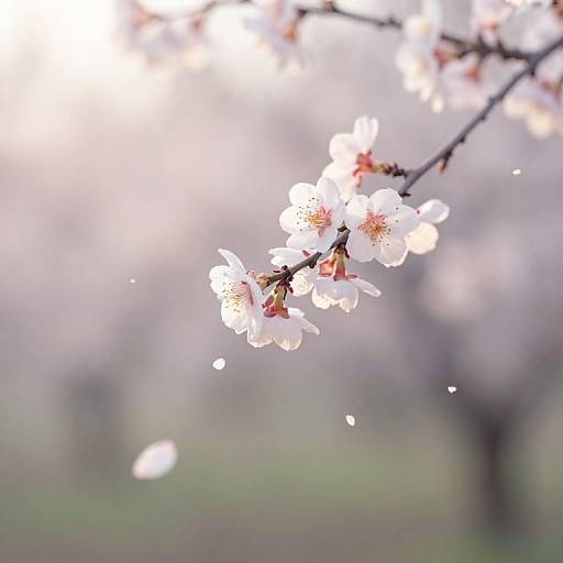Close-up photograph of delicate white cherry blossoms with pink centers, blurred background, soft light, and floating petals in spring.