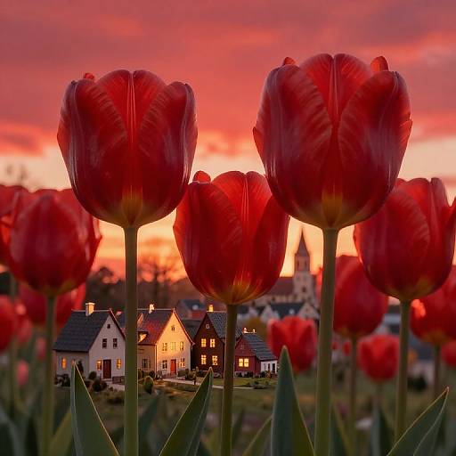 Photograph of vibrant red tulips in the foreground, with a sunset sky and quaint suburban houses in the background, creating a romantic, warm scene.