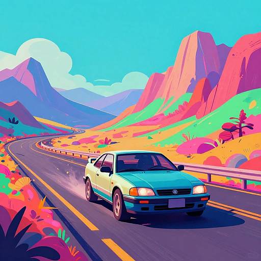 Vibrant digital illustration of a blue and white car speeding on a winding road through a colorful, stylized mountain landscape.