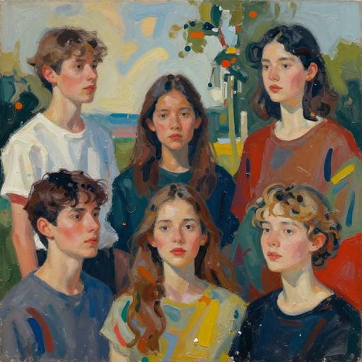 Impressionist-style painting of five young people with varied hair colors and clothing, standing together outdoors with a colorful, abstract background.