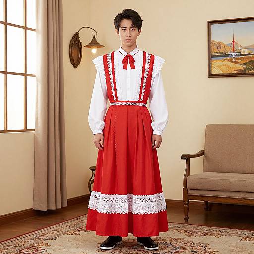 Photograph of a young Asian man in a white blouse and red dress with white lace trim, standing in a sunlit room with a window, lamp