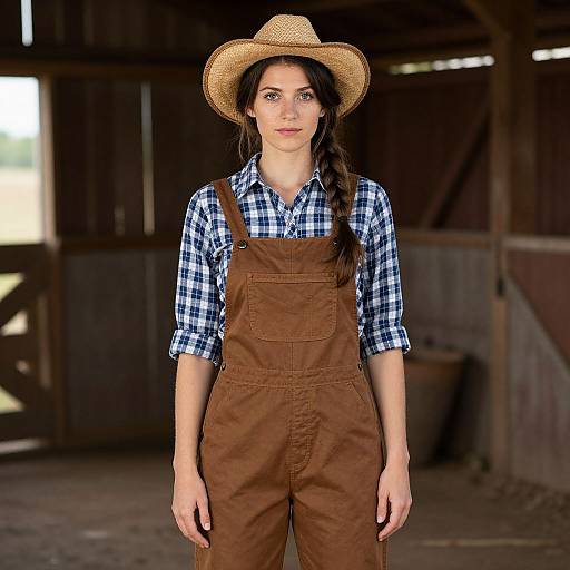 Photograph of a young woman with fair skin and dark brown hair in a braid, wearing a straw hat, blue checkered shirt, and brown