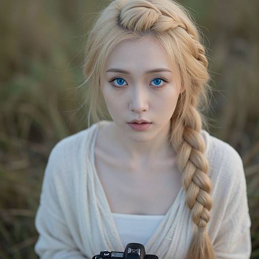 Photograph of a young woman with fair skin, striking blue eyes, and long blonde braid, wearing a white cardigan, looking intently forward