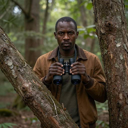 Man with Binoculars in Forest