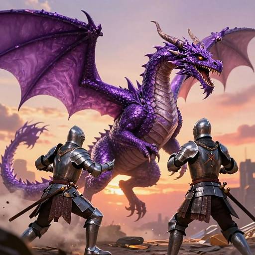 Digital art of two armored knights facing a fierce, purple dragon with wings spread, in a dramatic sunset battlefield.