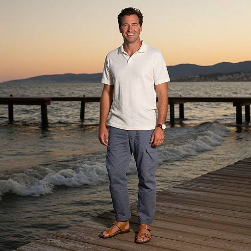 Photograph of a smiling man in a white polo, blue cargo pants, and brown sandals standing on a wooden pier at sunset with waves and mountains in